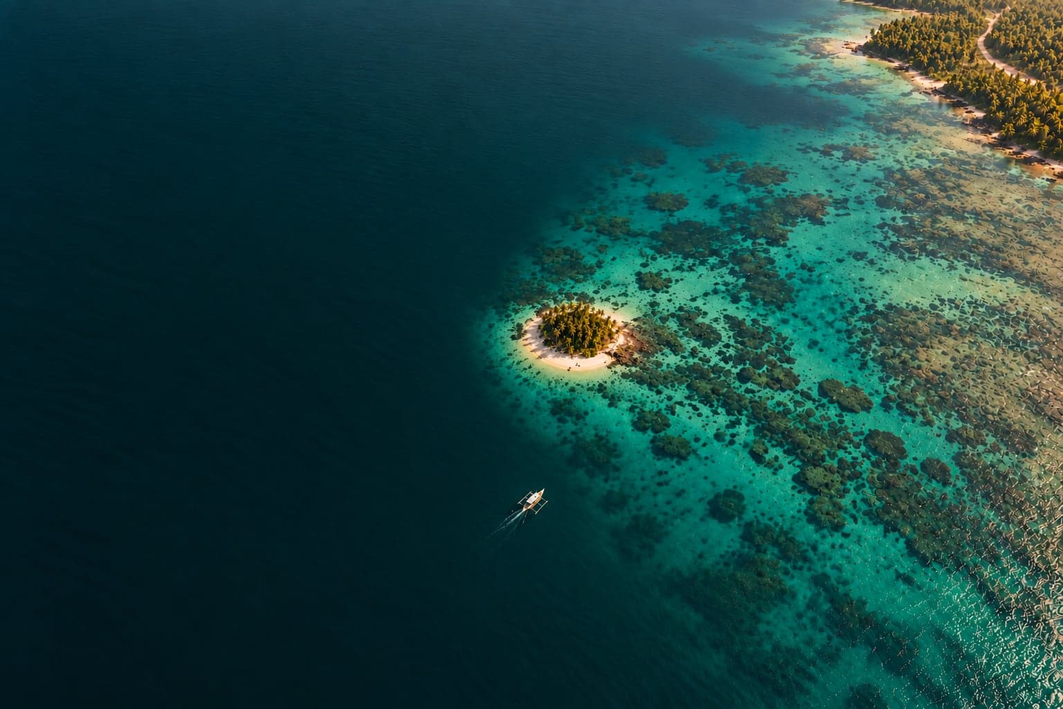 Aerial view of a bangka boat approaching a palm-covered islet off Siargao's coast at golden hour